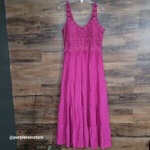 Rebellion Maxi Dress L Medallion Crochet Lace Gauzy Tiered Smocked Stretch Boho